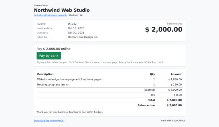 Online payment page for a CountAbout invoice showing the balance due, a Pay by bank button, and the invoice line items