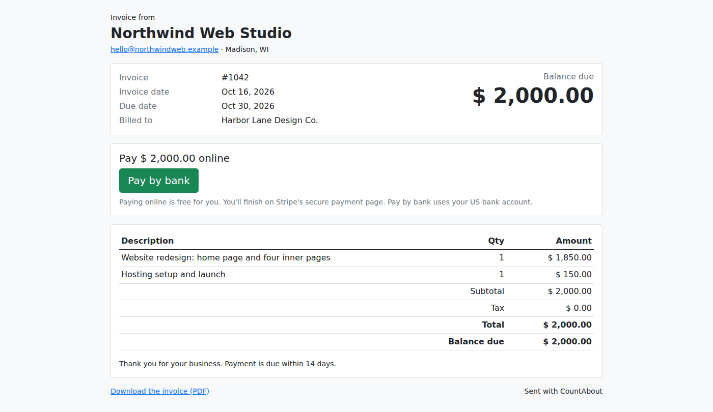 Online payment page for a CountAbout invoice showing the balance due, a Pay by bank button, and the invoice line items