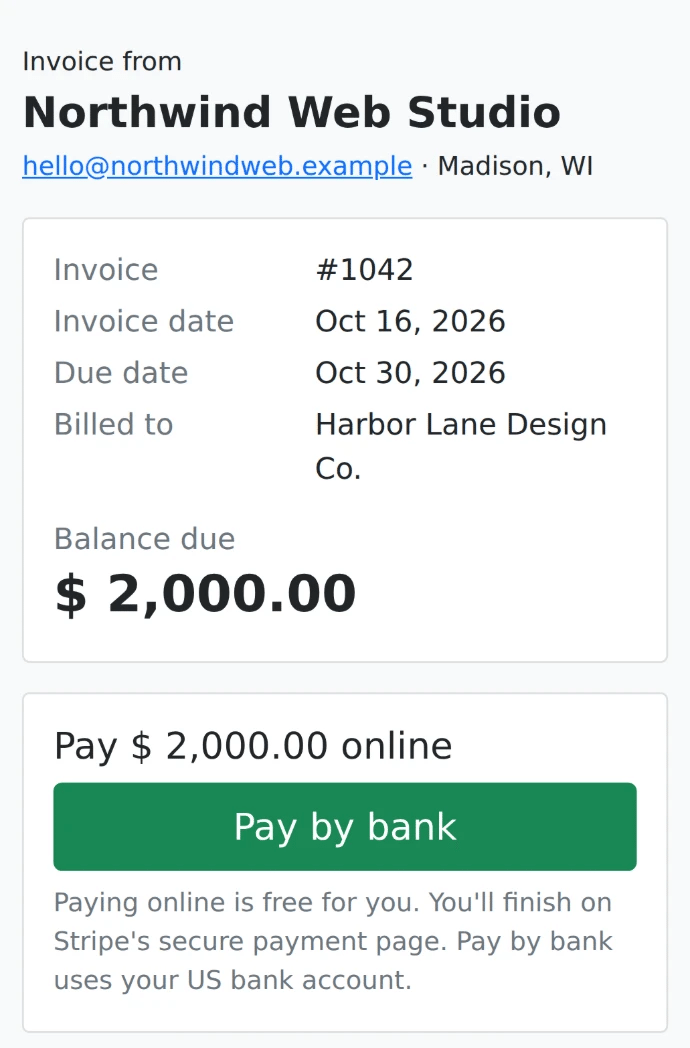 CountAbout invoice payment page on a phone showing the balance due and a Pay by bank button, with no account to create
