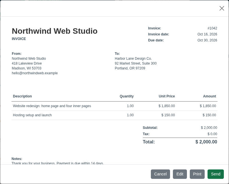 CountAbout PDF invoice preview with the business name as the heading, from and to addresses, line items, total, and a Send button
