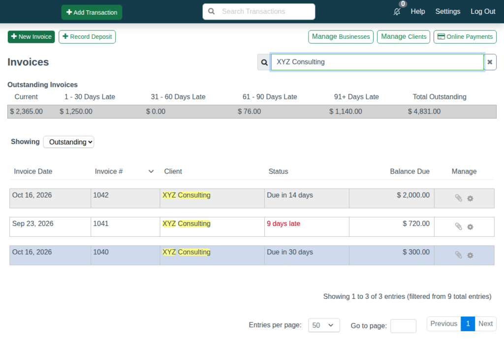 CountAbout Invoices tab listing outstanding invoices with aging totals and a status column showing how many days late each invoice is