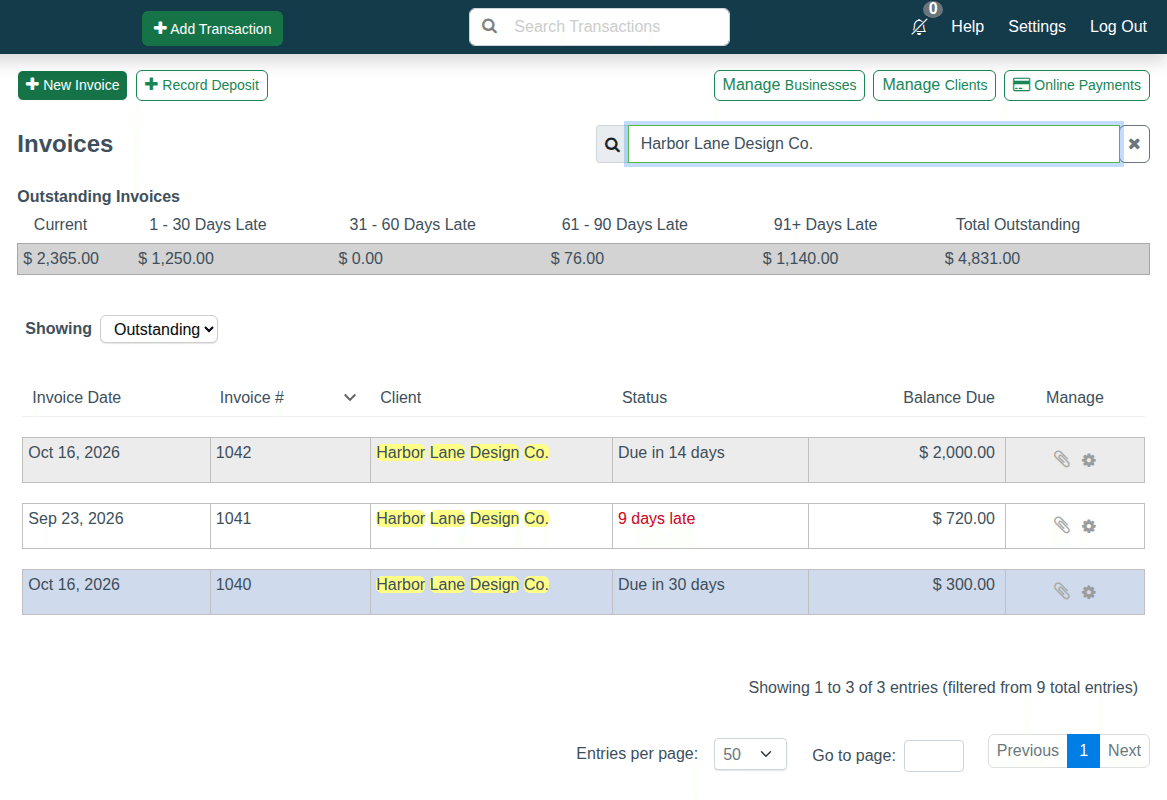 CountAbout Invoices tab listing outstanding invoices with aging totals and a status column showing how many days late each invoice is