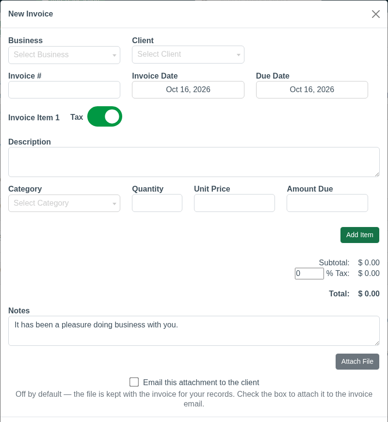 CountAbout New Invoice form with business, client, invoice number, dates, a line item tied to a category, quantity, unit price, tax toggle, and notes