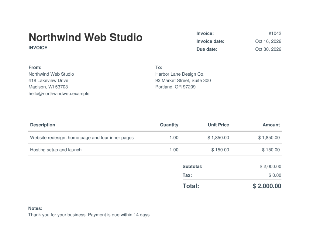 Sample PDF invoice created in CountAbout with the business name as the heading, from and to addresses, line items, subtotal, tax, total, and notes